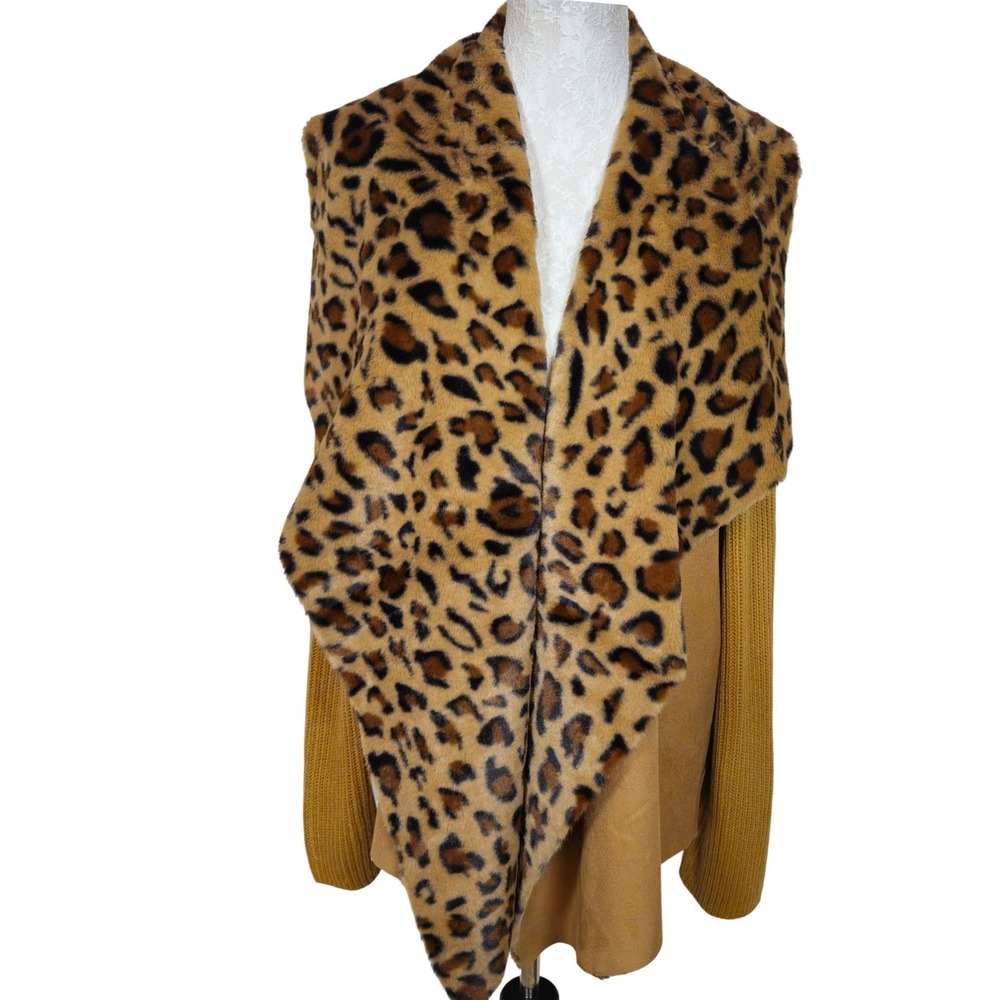 Kate & Sam XXL Leopard Faux Fur Faux Suede Ribbed Knit Open Front Cardigan Tan
